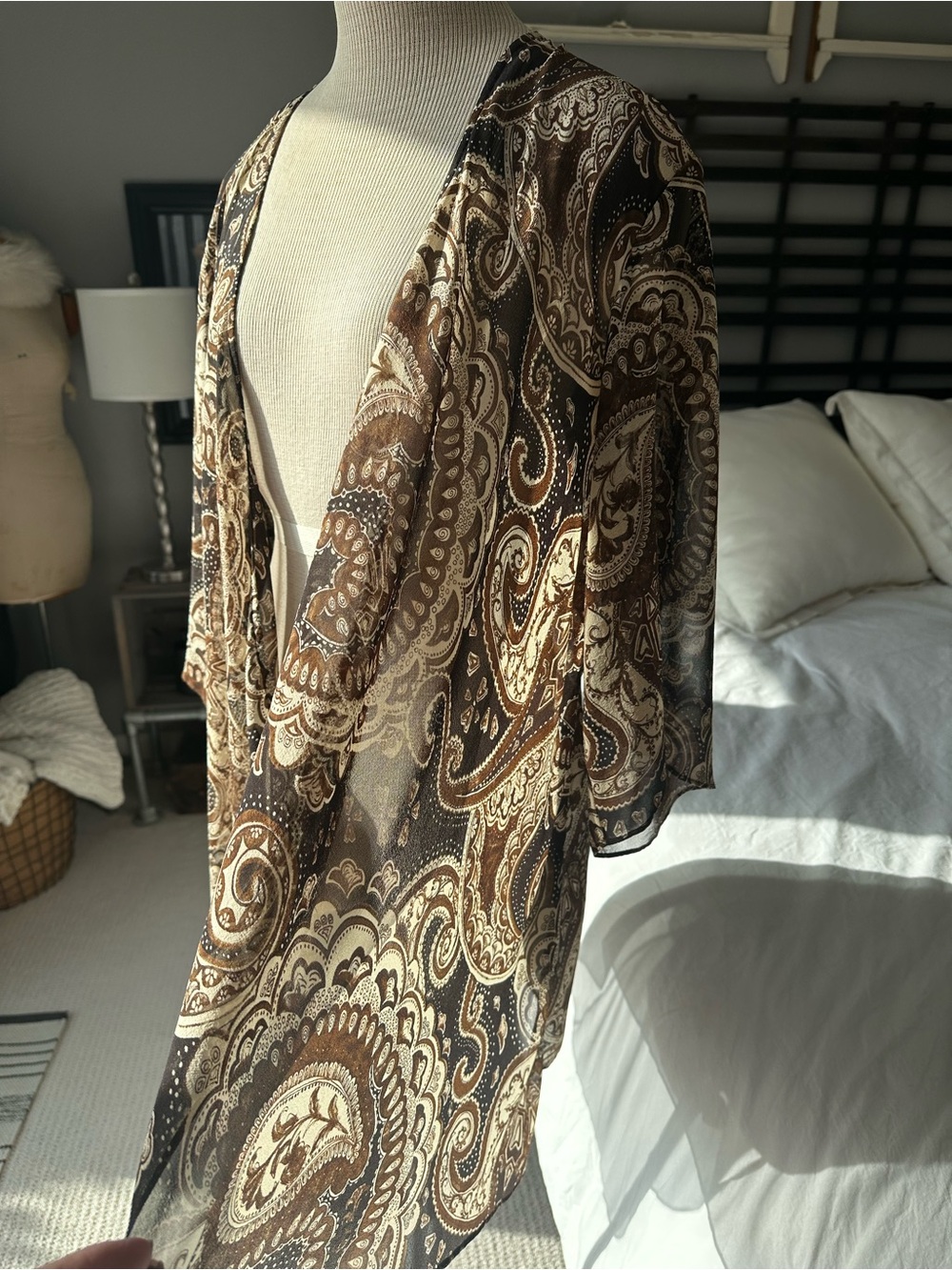 Chico's brown and cream 100% silk kimono or cover-up, size large (3) - Picture 5 of 8